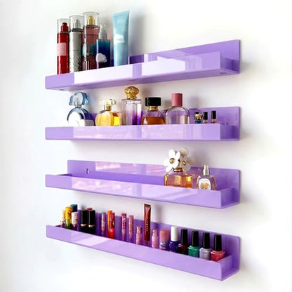 4 Pack 15 Inch Purple Acrylic Shelves, Kids Floating Bookshelf for Kids Room, Modern Nail Polish Rack Sunglasses Essential Oil Picture Ledge Display Toy Storage Wall Shelf - color: 15in-purple
