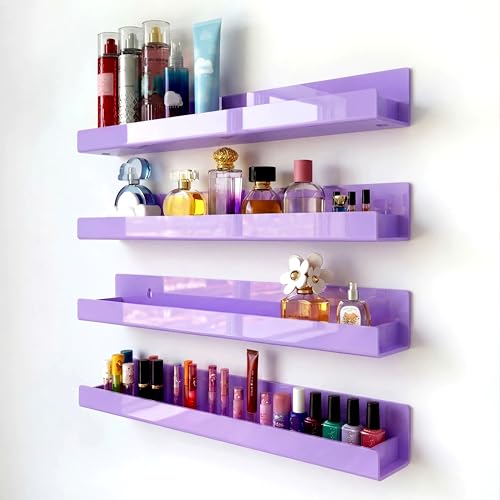 4 Pack 15 Inch Purple Acrylic Shelves, Kids Floating Bookshelf for Kids Room, Modern Nail Polish Rack Sunglasses Essential Oil Picture Ledge Display Toy Storage Wall Shelf - color: 15in-purple