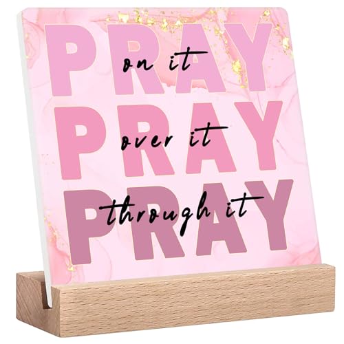 Pink Office Desk Decor for Women - Inspirational Gifts with "Pray On It Pray Over It Pray Through It" Bible Verse Sign, Dorm Room & Bedroom Decorative Accessories - color: Pink