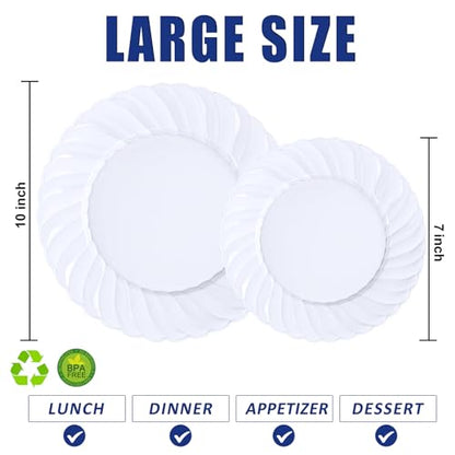 U-QE 60 Pcs White Plastic Plates for Party – Scalloped Plastic Plates Heavy Duty & Elegant – Include 30 10" Dinner & 30 7" Dessert Plate - Perfect for Party & Wedding - color: White