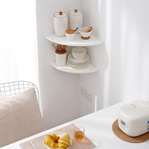Corner Shelf, Solid Oak Wood Floating Corner Shelf Wall Mount Round End Floating Speaker Shelves with Wire Hole for Small Plant Photo Frame for Bedroom Kitchen, Living Room (White, 7.1in) - color: White, size: 7.1in