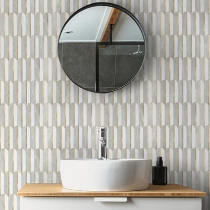 OYAISIMI 10 Sheets Seamless Peel and Stick Backsplash Tile for Kitchen,White and Gray Stone PVC Mixed Light Gold Self Adhesive Fish Scale Metal Mosaic Tiles - color: Gray Stone+Pure White+Light Gold