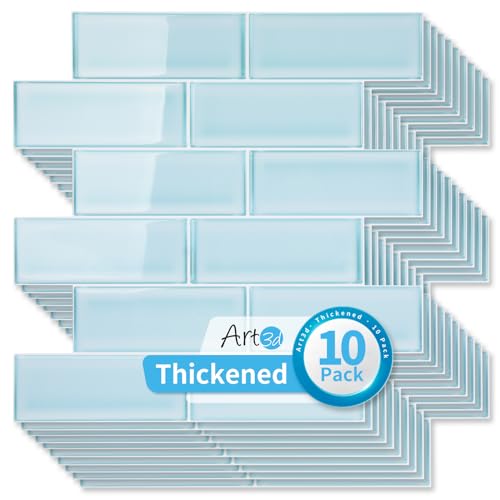 Art3d 10-Pack Heavy-Duty Peel and Stick Backsplash, 12 x 12 Inch Vinyl Seaglass Subway Design Stick on Wall Tile for Kitchen Living Room Home Decor, Aqua Blue - color: Aqua Blue