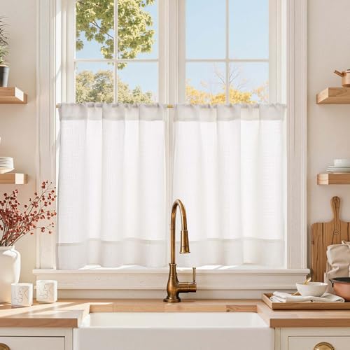 jinchan White Kitchen Curtains 24 Inch Length Textured Short Cafe Curtains Farmhouse Window Treatment Tiers for Bathroom Laundry Room Small Window Light Filtering Rod Pocket 2 Panels - color: Basic White, size: 26"W x 24"L (Pack of 2)