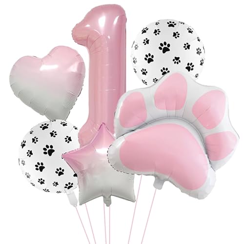 1st Birthday Dog Paw Balloons Set,18'' Paw Prints, Heart,Star,Paw Shaped Foil Balloon 40 Inch Pink Number 1 Helium balloons for Puppy Themed Baby Shower First Birthday Party Decorations Supplies 6PCS - color: Pink-1