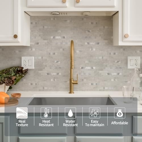 10 - Sheet Peel and Stick Backsplash Wall Tile, PVC Kitchen Backsplash, Stick on Tiles for Backsplash Kitchen (12'' X 12'', White Gray) - color: White/Gray
