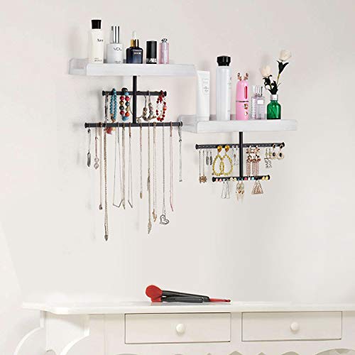 Keebofly Hanging Wall Mounted Jewelry Organizer with Rustic Wood Jewelry Holder Display for Necklaces Bracelet Earrings Ring Set of 2 White,[Patented] - color: White