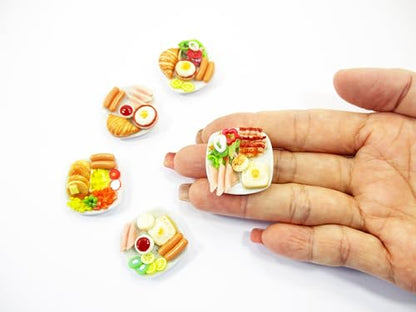 Dollhouse Miniature Food 5 Ceramic Plates Breakfast Sausage Ham Egg Supply 13744
