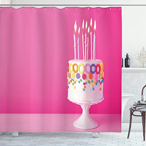 Ambesonne Birthday Shower Curtain, Print Artwork of a Celebration Cake with Candles on a Happy Background, Cloth Fabric Bathroom Decor Set with Hooks, 69" W x 70" L, Pink and Pale Mauve - color: Pink and Pale Mauve, size: 69" W x 70" L