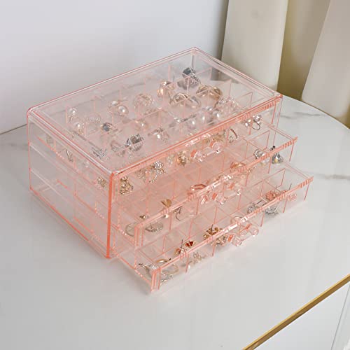 YUFONG Earring Storage Box Organizer 3 Drawers Acrylic Jewelry Storage Box Holder Transparent Jewelry Display Stand with 72 Small Compartments Gift for Women Girls (Clear Pink) - color: Clear Pink