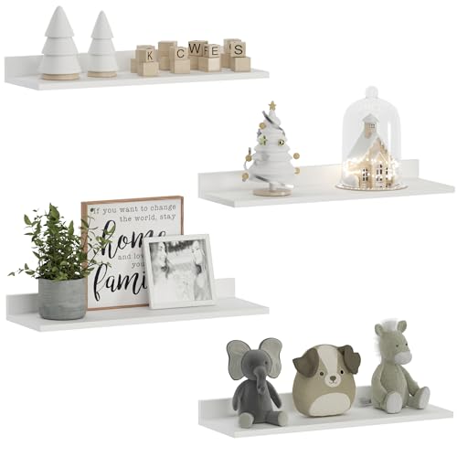 WOPITUES Floating Shelves, Wall Mounted Shelves for Room Decor, Modern Display Shelf for Bedroom, Sturdy Bathroom Storage Shelves, Book Shelves for Living Room, White Small Corner Shelves, Set of 4 - color: White