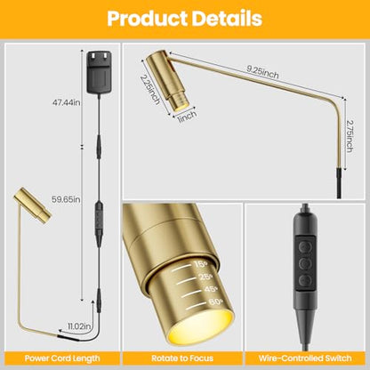 Zoomable Picture Light Spotlight,Plug in LED Picture Lights for Wall 3000K Warm Photo Frame Light with Remote Control Art Lighting for Paintings Gold Mini Accent Spotlights for Gallery