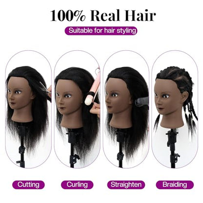 Mannequin Head 100% Real Hair,14”-16” Braiding Mannequin Head with Stand&Table Clamp,Real Hair Cosmetology Manikin Head with Mannequin Head Stand - color: Dark Gray