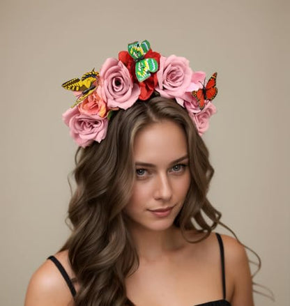 Elegant Butterfly Flower Headband for Women Boho Handmade Rose Floral Crown Wedding Bridal Festivals Cosplay Prom Photo Props Headpiece (A3 purple, Adjustable) - color: A3 purple