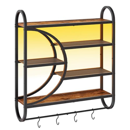 HOOBRO Gaming Floating Shelf with LED Lights, 28.9" LED Wall Mounted Shelf, 5-Tier Display Rack for Wall Storage, Floating Rack with Hanging Rod and 4 S-Hooks, Rustic Brown and Black BF50DBJ01 - color: Rustic Brown + Black