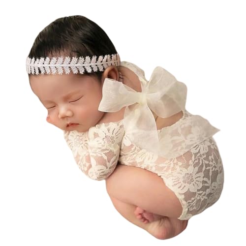 Baby Photography Props Outfit Lace Rompers Newborn Girl Photo Shoot Outfits Flower Headband Princess Costume - color: White E