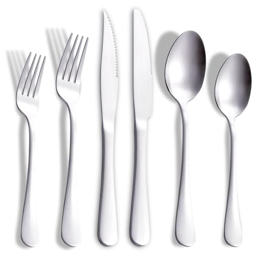 24-Piece Matte Silverware Set With Steak Knives, Stainless Steel Flatware for 4, Modern Cutlery Utensils, Spoons and Forks for Restaurant, Dishwasher Safe - color: Matte Silver, size: 24 Pieces Set