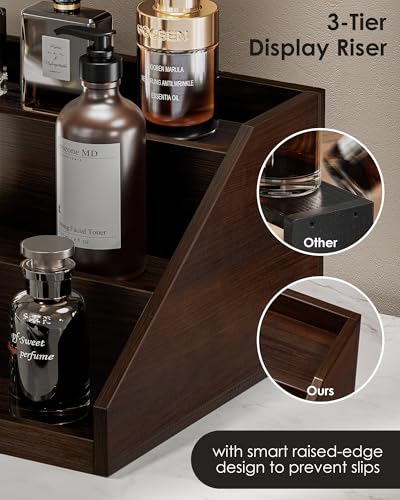 ProCase Wooden Cologne Organizer for Men, 3-Tier Elevated Wood Perfume Storage Display Shelf with Drawers, Dresser Storage Stand Riser for Fragrance Skin Care, Gift for Boys Men Dad Husband -Brown - color: Brown