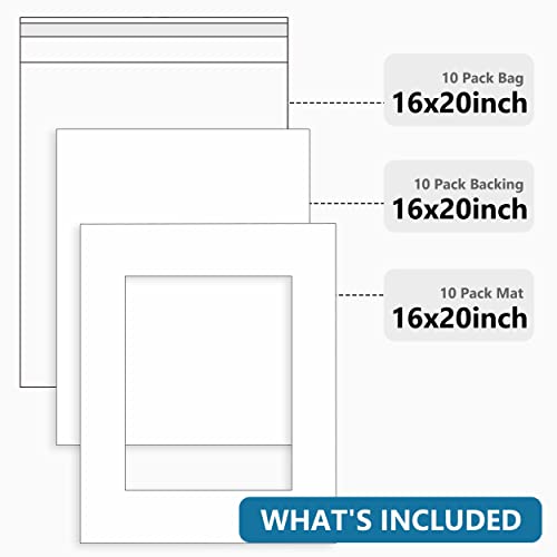 Somime 10 Pack White Picture Mat Set,16x20 Precut Mat for 11x14 Photos, White Core Bevel Cut Acid Free 16x20 Photo Mat with Mat Boards and Clear Bags for Prints, Paints, Frames - size: white 10pc sets 16x20