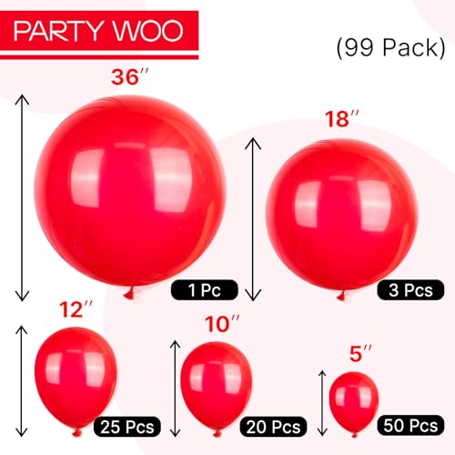 PartyWoo Red Balloons 99 pcs Different Sizes of 36 18 12 10 5 Inch Red Balloon Arch Kit Garland for Birthday Graduation Bachelorette Citizenship Anniversary Cherry Casino Party Decorations Red-Y57 - color: Red-y57