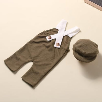 Holibeat Newborn Boy Photography Props Baby Boy Photo Shoot Outfits Infant Gentleman Romper Suits with Hat - color: Olive
