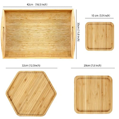 Bamboo Serving Trays Cutting Boards 16.5"x11.8"（42x30cm with Handle, Set Includes 0.63"(1.6cm) Thick Plates 1xHexagon 12.5"(32cm)+1xSquare 7.8"(20cm)+1xSquare 5.9"(15cm) for Family Dinner - color: 0.63"(1.6cm) Thick 1xhexagon 12.5"(32cm)+1xsquare 7.8"(20c