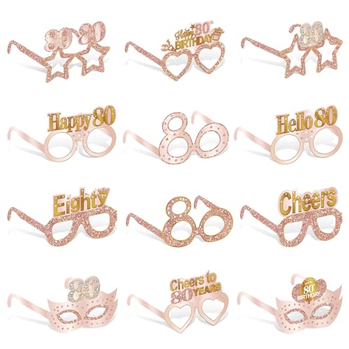 Guiruiy 24PCS 80th Birthday Eyeglasses Decorations for Women, Pink Rose Gold Happy 80th Birthday Paper Eyeglasses Party Supplies, Eighty Year Old Bday Glasses - style: Rose Gold 80th