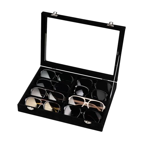 Frebeauty Sunglass Organizer,Velvet Glasses Organizer,8-Slot Sunglasses Tray with Clear Lid,Men's/Women's Sunglasses Box,Sunglass Case,13.3 x 9.6 x 2.2 Inches,Eyeglass/Eyewear Display Tray(Balck) - color: Black, style: With Lid