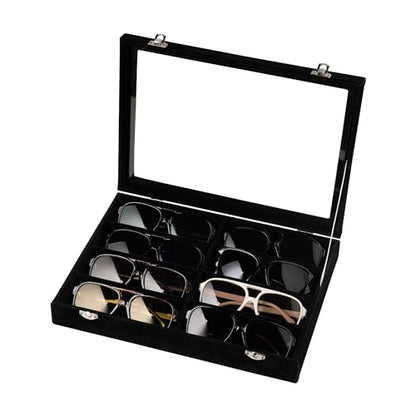 Frebeauty Sunglass Organizer,Velvet Glasses Organizer,8-Slot Sunglasses Tray with Clear Lid,Men's/Women's Sunglasses Box,Sunglass Case,13.3 x 9.6 x 2.2 Inches,Eyeglass/Eyewear Display Tray(Balck) - color: Black, style: With Lid
