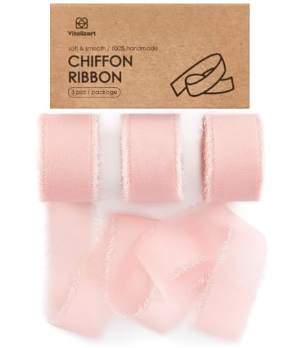 Vitalizart Blush Pink Chiffon Silk Ribbon 1" x 21 Yd Fringe Fabric Package (3 Rolls * 7 Yd) for Wedding Invitations Bridal Bouquets Decorations Gifts Wrapping & Bow Making Light Pink - color: Blush Pink