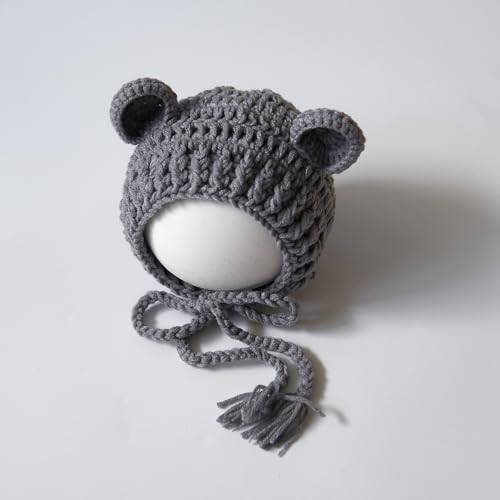 Zeroest Newborn Baby Boy Girl Photography Props Bear Hat Outfits Crochet Kint Handmade Cap Set for Newborn Photo Shoot - color: Grey