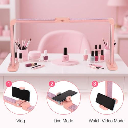 34in Half Moon Light for Nail Desk, Foldable LED Lamp for Nail Art, Tattooing, Craft Making, Stepless Dimming, 3000-6000K Color Temperature Adjustment, 456 Light Beads, Pink with Diamond - color: Pink with Diamond