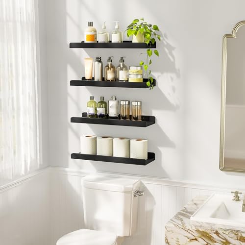 Love-KANKEI Black Floating Shelves for Wall Set of 4, Wood Wall Shelves with Lip,15.6 Inch Rustic Hanging Shelves for Bedroom Bathroom Living Room Kitchen Nursery Display - color: Black, size: 15.6 inch