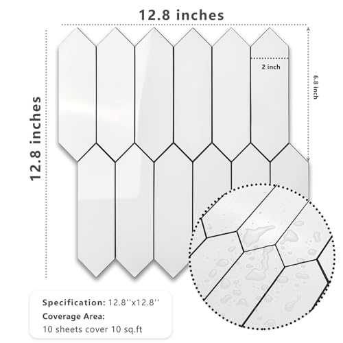 Vamos Tile Glossy White Backsplash Tile Peel and Stick, 12.8 x 12.8 Inch 10 Sheets Long Hexagon PVC Self Adhesive Mosaic Wall Tiles Stick on Backsplash for Kitchen and Bathroom - color: Glossy White