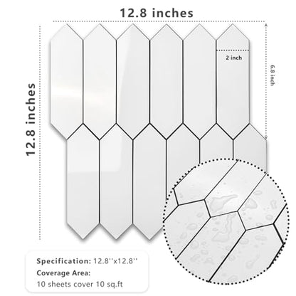Vamos Tile Glossy White Backsplash Tile Peel and Stick, 12.8 x 12.8 Inch 10 Sheets Long Hexagon PVC Self Adhesive Mosaic Wall Tiles Stick on Backsplash for Kitchen and Bathroom - color: Glossy White