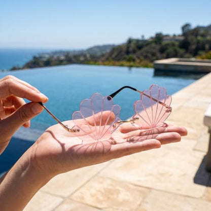 Angoily 3PCS Rimless Seashell Sunglasses, UV Protection Fun Glasses for Themed Events Lightweight Comfortable Eyewear Hawaiian Summer Photo Props Beach Party Eyewear for Women Mermaid Accessories