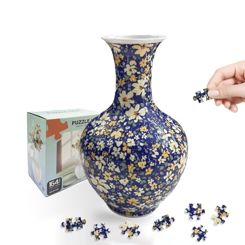 3D Puzzle Vase for Adults, 164 Piece Unique Flower Vase, Crafts for Adults, Home Decor Gift for Flower Arrangements - color: B- Navy Floral Pattern