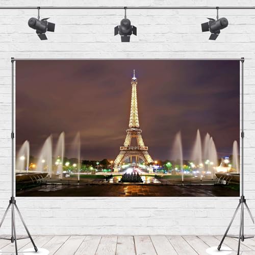 Paris Eiffel Tower Photography Backdrop 7X5FT Paris City Square Night Fountain Background for French Landmark Holiday Happy Birthday Banner Wedding Themed Party Photo Booth Props ZH012 ZHTAOYH - size: 7X5FT