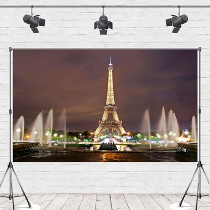 8X6FT Eiffel Tower Backdrop Paris City Square Night Fountain Photography Background for French Landmark Holiday Happy Birthday Banner Wedding Themed Party Photo Booth Props ZH013 ZHTAOYH - size: 8X6FT