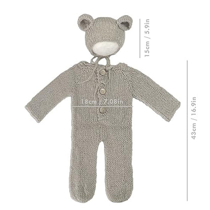 2Pcs Newborn Photography Props Boy Photo Posing Outfits Baby Photoshoots Girl Crochet Bear Hat Romper - color: Grey