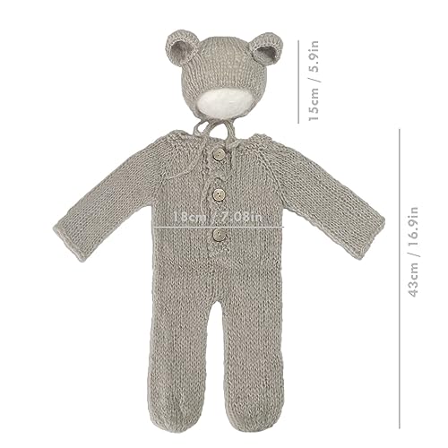 2Pcs Newborn Photography Props Boy Photo Posing Outfits Baby Photoshoots Girl Crochet Bear Hat Romper - color: Grey