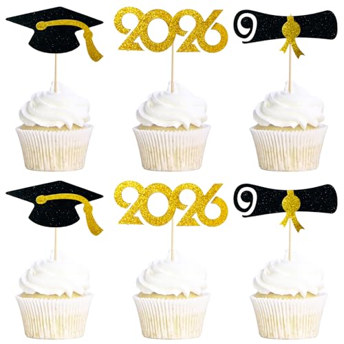 2026 Graduation Cupcake Toppers 48 Pack, Pre-Assembled Food & Appetizer Picks, Black Gold Grad Cap & Diploma Cupcake Decorations for Graduation Party - color: Black and Gold