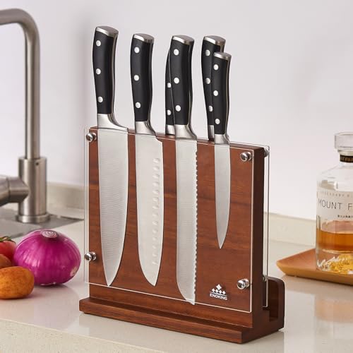 ENOKING Magnetic Knife Block with Acrylic Shield, Double Side Kitchen Knife Holder without Knives- Acacia Wood Universal Knife Storage Organizer with Powerful Magnet for Kitchen Counter - size: 10*9 inches