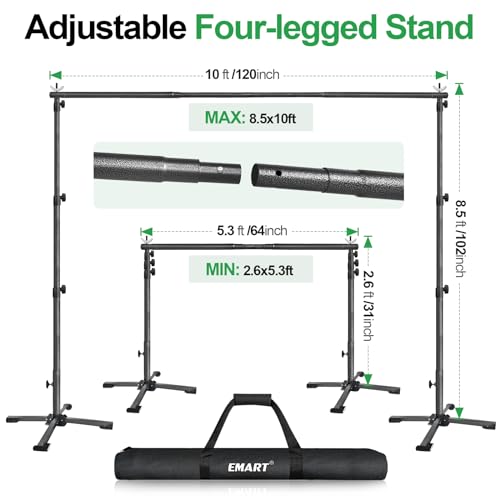 EMART Portable Backdrop Stand Kit with Foldable Cross Flat Base, Adjustable 8.5ft Height 10ft Width Pipe and Drape Background Hanging Frame Bar for Photography Party Wedding Birthday Photo Studio