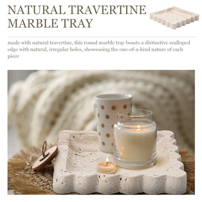 Threehoney 5.5 Inch Small Travertine Scallop Edge Stone Tray Marble Jewelry Dish Trinket Tray for Women, Perfume, Coffee Table(Square) - style: Square