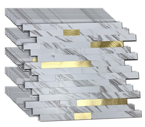 10 Sheets Peel and Stick Backsplash Tile for Kitchen, Self-Adhesive Mosaic Tile, Stick on Bathroom Vanities, Fireplace Decor, Laundry Table, White Marble + Gold-3, Metal Aluminum PVC Material - color: White Marble + Gold-3