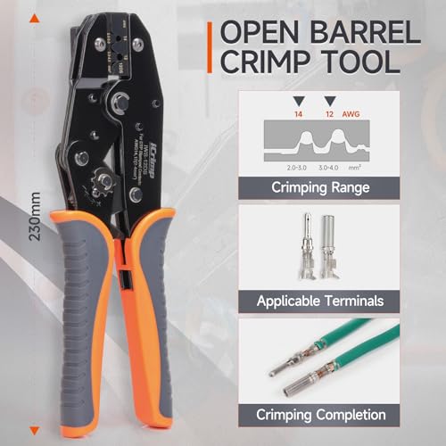 iCrimp Deutsch Ratchet Crimp Tool with Precise Positioning, Open Barrel Crimper for DT Connector Size 12 Stamped Contacts, 14, 12 AWG, Automotive Wiring Repair