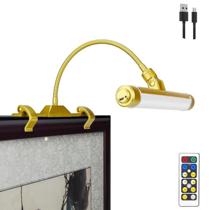 LUXSWAY Wireless Picture Frame Led Lighting,Rechargeable Art Display Lighting Clip on Pictures,Over Painting Lights with Remote,Artwork Lamp with Flexible Neck,28 LEDs 3 Lighting Modes 200LM-Gold - color: G Gold, size: Rechargeable-3 Mode-Flexible Neck