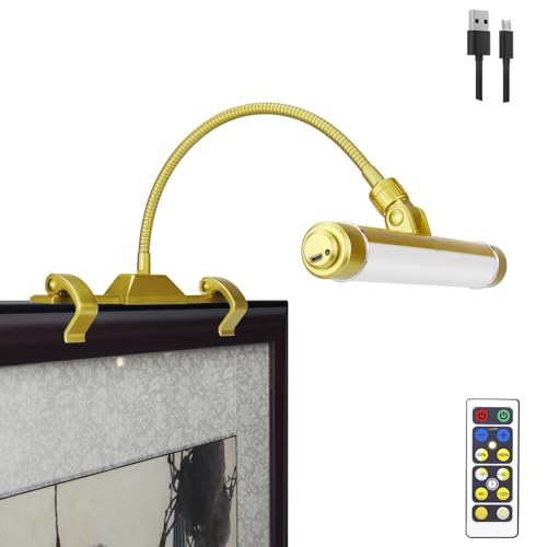 LUXSWAY Wireless Picture Frame Led Lighting,Rechargeable Art Display Lighting Clip on Pictures,Over Painting Lights with Remote,Artwork Lamp with Flexible Neck,28 LEDs 3 Lighting Modes 200LM-Gold - color: G Gold, size: Rechargeable-3 Mode-Flexible Neck