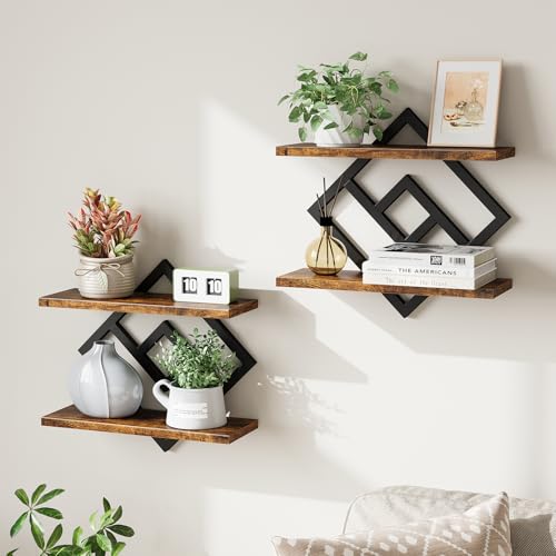 ELYKEN Floating Shelves for Wall, Set of 2 Hanging Shelves, 2-Tier Wall Mounted Storage Shelves for Books & Decor, Perfect for Living Room, Bedroom, Kitchen, Home Office, Study, Rustic Brown - color: Rustic Brown + Black, size: 2 PCS